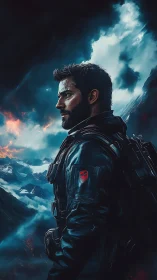 Armored soldier overlooking stormy volcanic landscape.