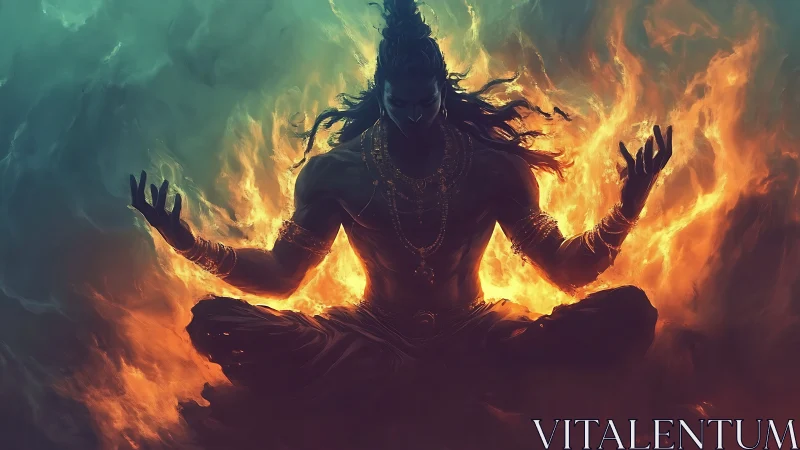 Fiery meditative deity seated in intense glowing flames.