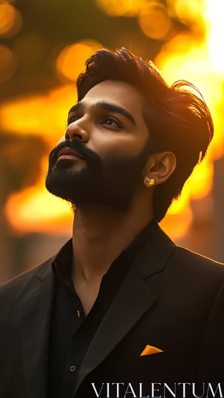 Portrait of stylish bearded man in sunset golden bokeh lighting.