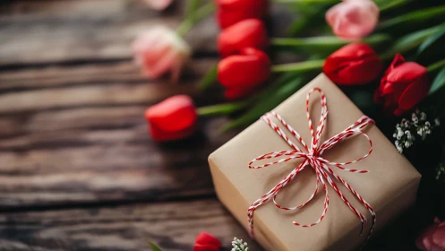 Gift box quietly daydreams among scattered red tulips