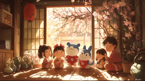 Children and toys sit under cherry blossoms in warm light
