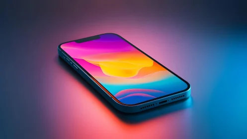 Modern smartphone on gradient surface with vibrant digital display.