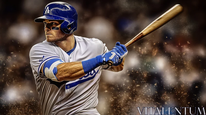 Charging slugger caught mid-swing in glittering stadium storm.