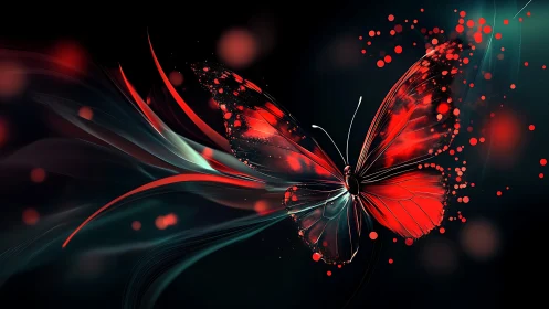 Glowing red butterfly drifting through a dreamy night sky.