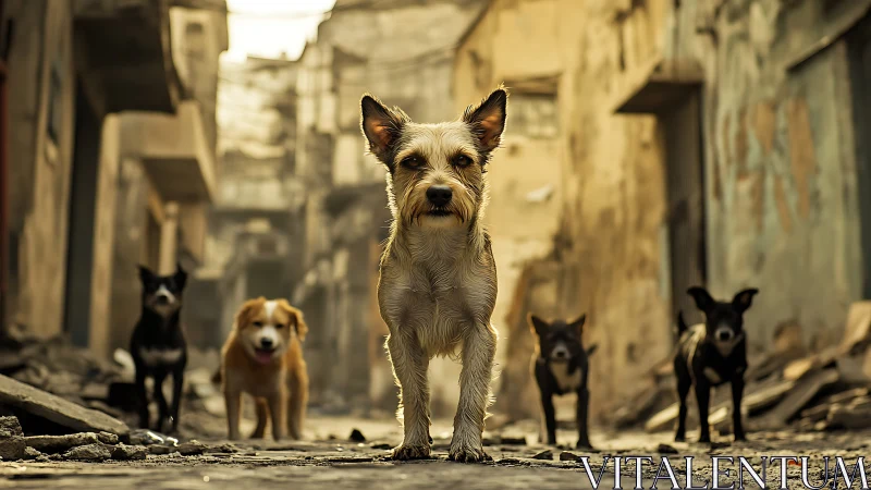 Stray dogs stand in a ruined alley under warm directional light