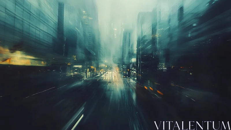 Urban night streetscape with heavy motion blur and rain.