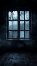 Moisture-streaked window in dark interior with volumetric fog