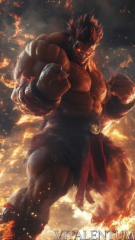 Fierce flaming warrior standing strong in a storm of fire.