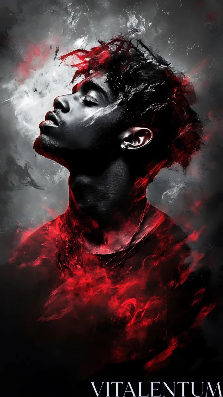 Portrait silhouette ignites with red smoke and shadow contrast.