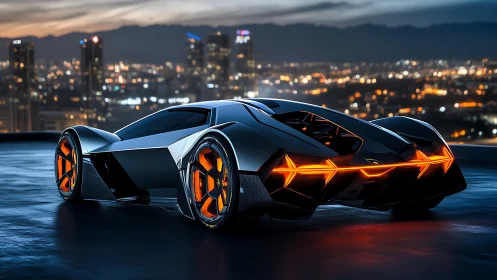 Futuristic hypercar with neon accents over glowing skyline.