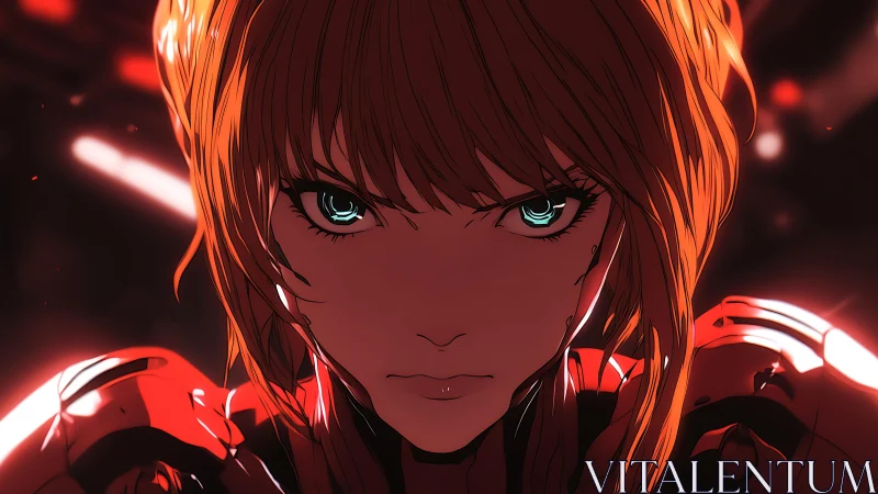 Intense red haired anime warrior in glowing armor portrait.