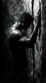 Male figure in profile leaning against textured vertical wall.