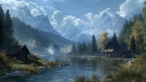 High-altitude alpine lake with rustic cabins under snow peaks