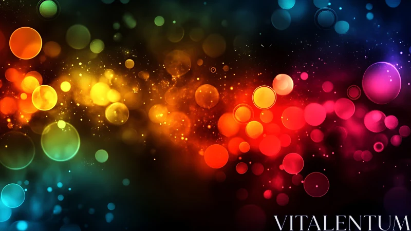 Colorful bokeh orbs over dark abstract gradient background.