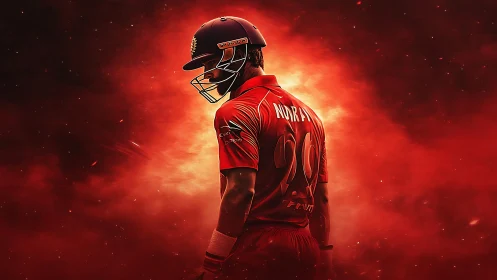 Cricket batsman in red kit stands against fiery red backdrop.