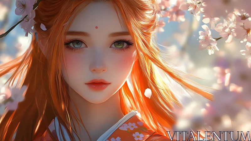 Red haired anime girl under cherry blossoms in spring.