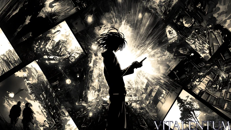 Silhouetted figure studies glowing device amid exploding panels