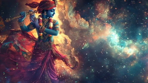 Celestial blue deity playing flute amid cosmic nebulae.