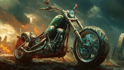 Post apocalyptic chopper motorcycle amid burning ruined city