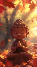 Smiling baby monk meditates softly amid glowing autumn leaves