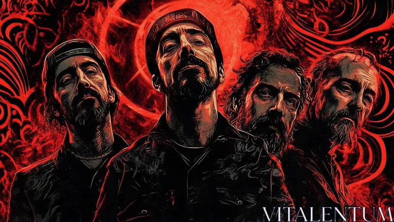 Brooding rock band portrait in intense red swirls.