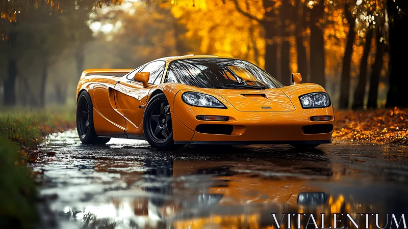Amber supercar idling over autumn’s mirror-wet lane.