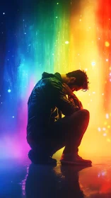 Silhouetted man crouching against intense rainbow light wall.