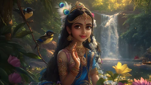 Forest princess greets river light beside whispering falls