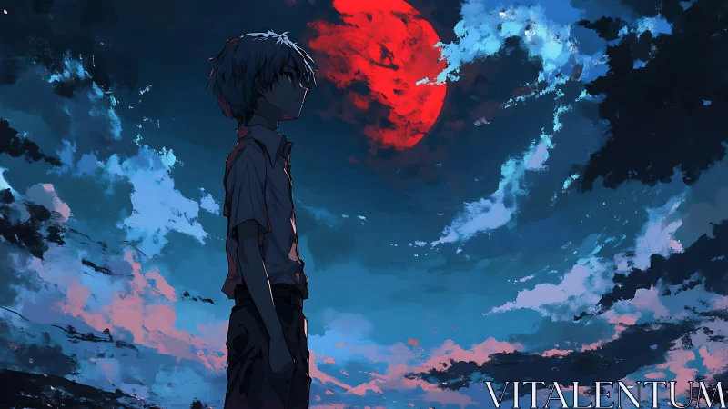 Quiet boy beneath a glowing red moonlit twilight sky.