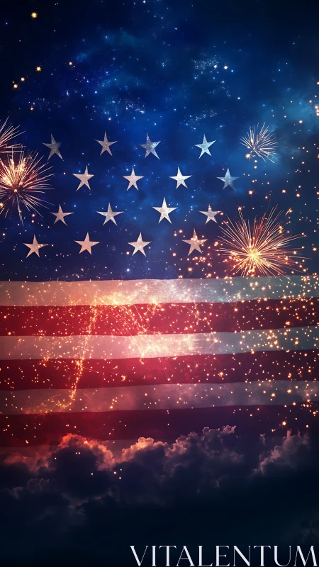 Firelit American flag glows warmly against a starry night sky