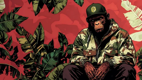 Chimpanzee in camouflage jacket against red foliage backdrop.