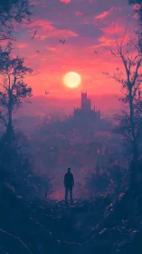 Silhouetted figure observing distant city under red sun.
