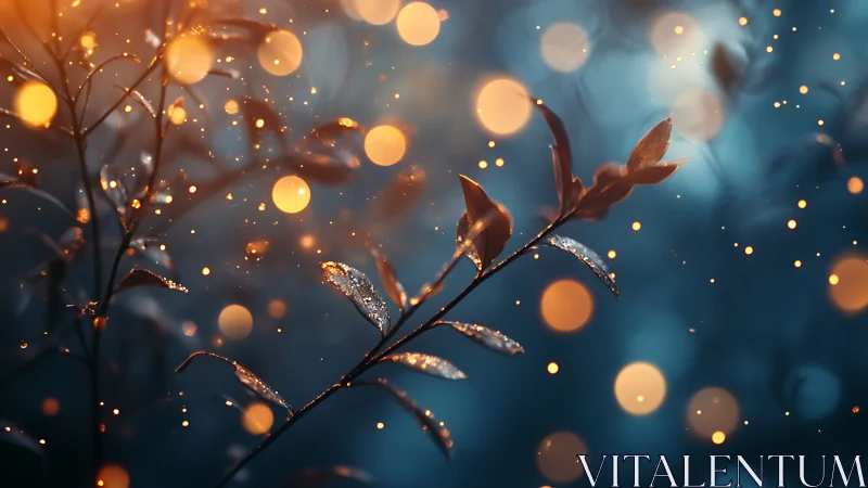 Branch with dew in blue background and orange bokeh lights.