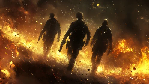Three armed soldiers walk through blazing battlefield fire