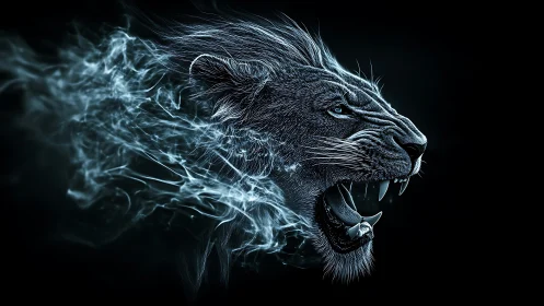 Digital profile of roaring lion dissolving into blue smoke.
