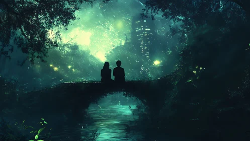 Two Souls Upon Luminescent Bridge in Enchanted Forest.