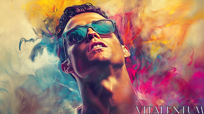 Stylized portrait of man in sunglasses with vivid colors.
