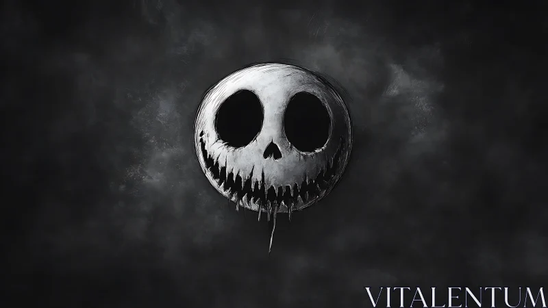 Moody grinning skull face floating in a misty dark night.