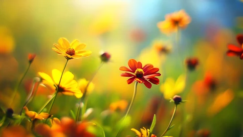 Sunlit wildflowers dance in dreamy painterly meadow glow.