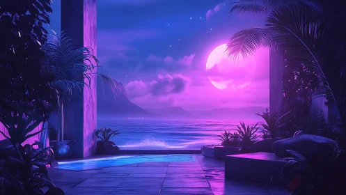 Dreamy moonlit terrace over glowing neon waves.
