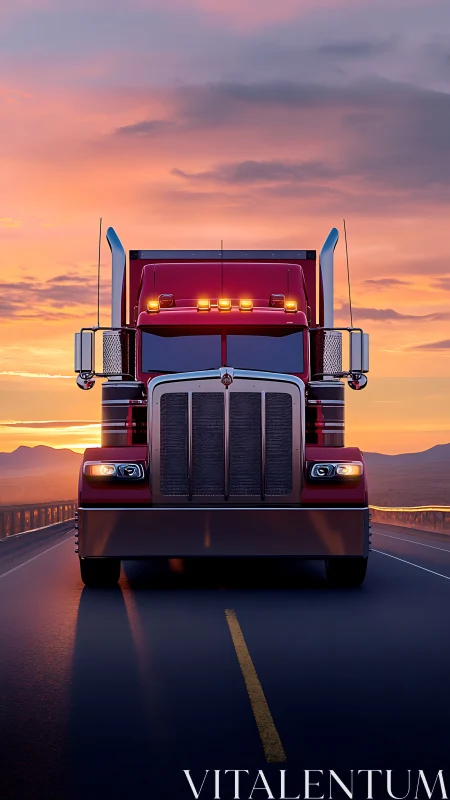 Red semi truck powers toward sunrise on empty highway.