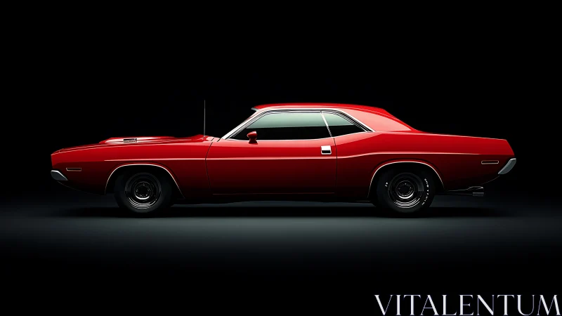 Vintage red muscle car in dramatic low key studio profile.