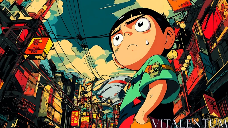 Determined boy confronts neon alley under storm-lit sky.