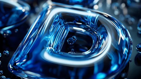 Shiny Blue Letter D in Liquid Glass 3D Style with Reflections.