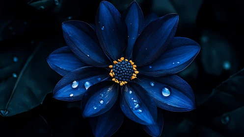 Deep Blue Petals with Golden Center and Water Droplets