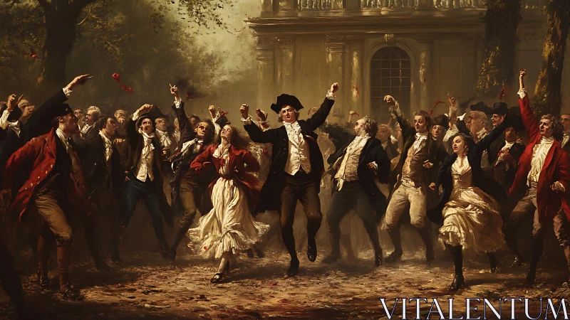 Revolutionary crowd dances under autumn light in square.