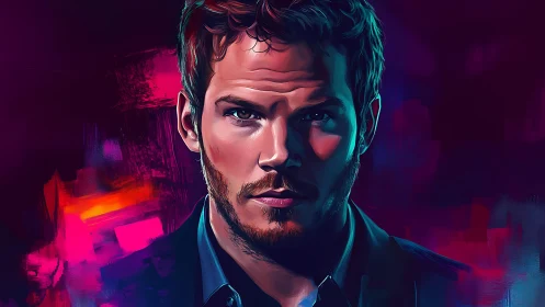 Digital portrait of intense man over neon abstract background.