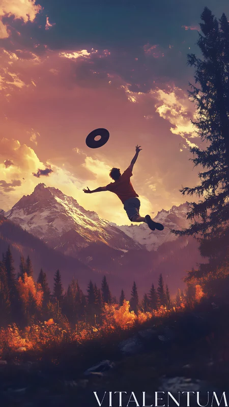 Silhouetted jumper reaches for flying disc over alpine sunset valley