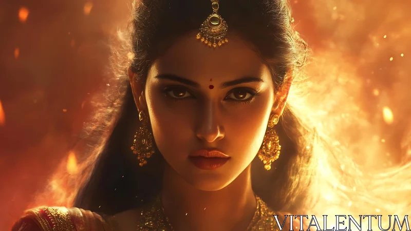 Digital portrait of woman in gold jewelry with warm light.