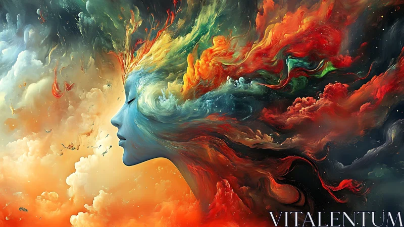 Nebular female profile dissolves into multicolored turbulent clouds